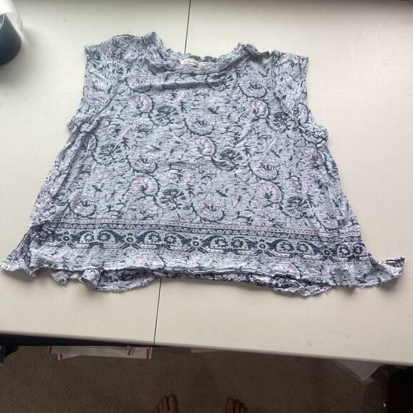 Free People T Shirt Oversized Dual Print Floral Blue Top Cap Sleeve Boxy XS Crew - Picture 4 of 16